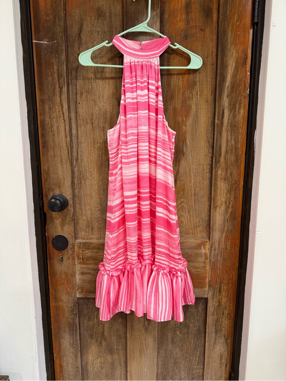 Trina Turk Pink Striped Halter Ruffle-Hem Dress